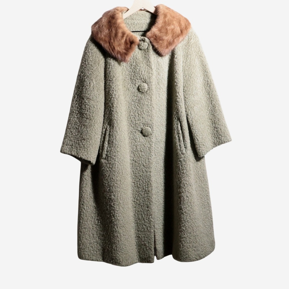 VTG Stevens Forstmann Green Swing Coat Mink Fur Collar Boucle Wool Union 50s 60s